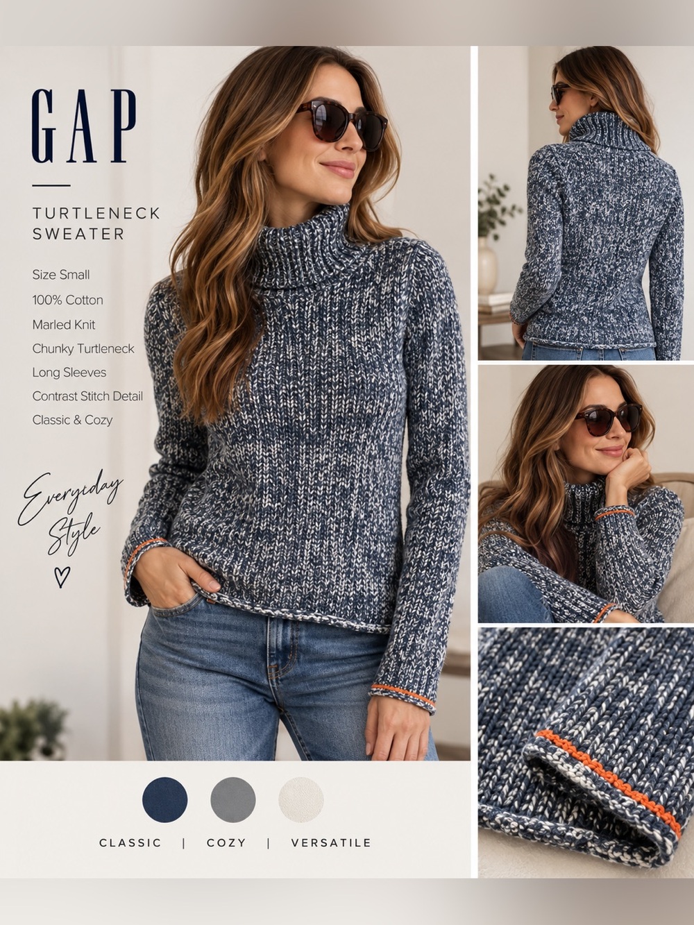 GAP Marled Navy Gray Cotton Turtleneck Sweater Small